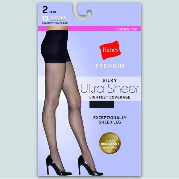 Hanes Premium Silky Ultra Sheer Pantyhose Black 2-Pair Control Top Size M - Picture 1 of 2